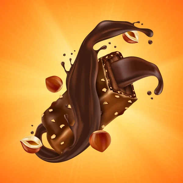 Barre de chocolat sucrée aux noisettes et au caramel — Image vectorielle