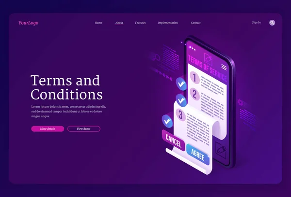 Términos y condiciones banner isométrico de landing page — Archivo Imágenes Vectoriales