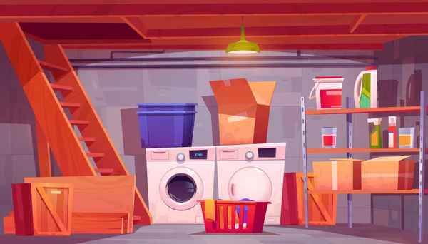 Wäscherei im Keller, Cartoon-Home-Keller-Interieur — Stockvektor