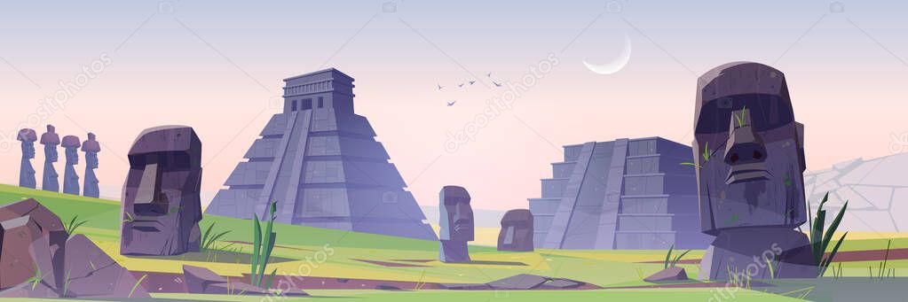 Ancient mayan pyramids and moai statues landmarks