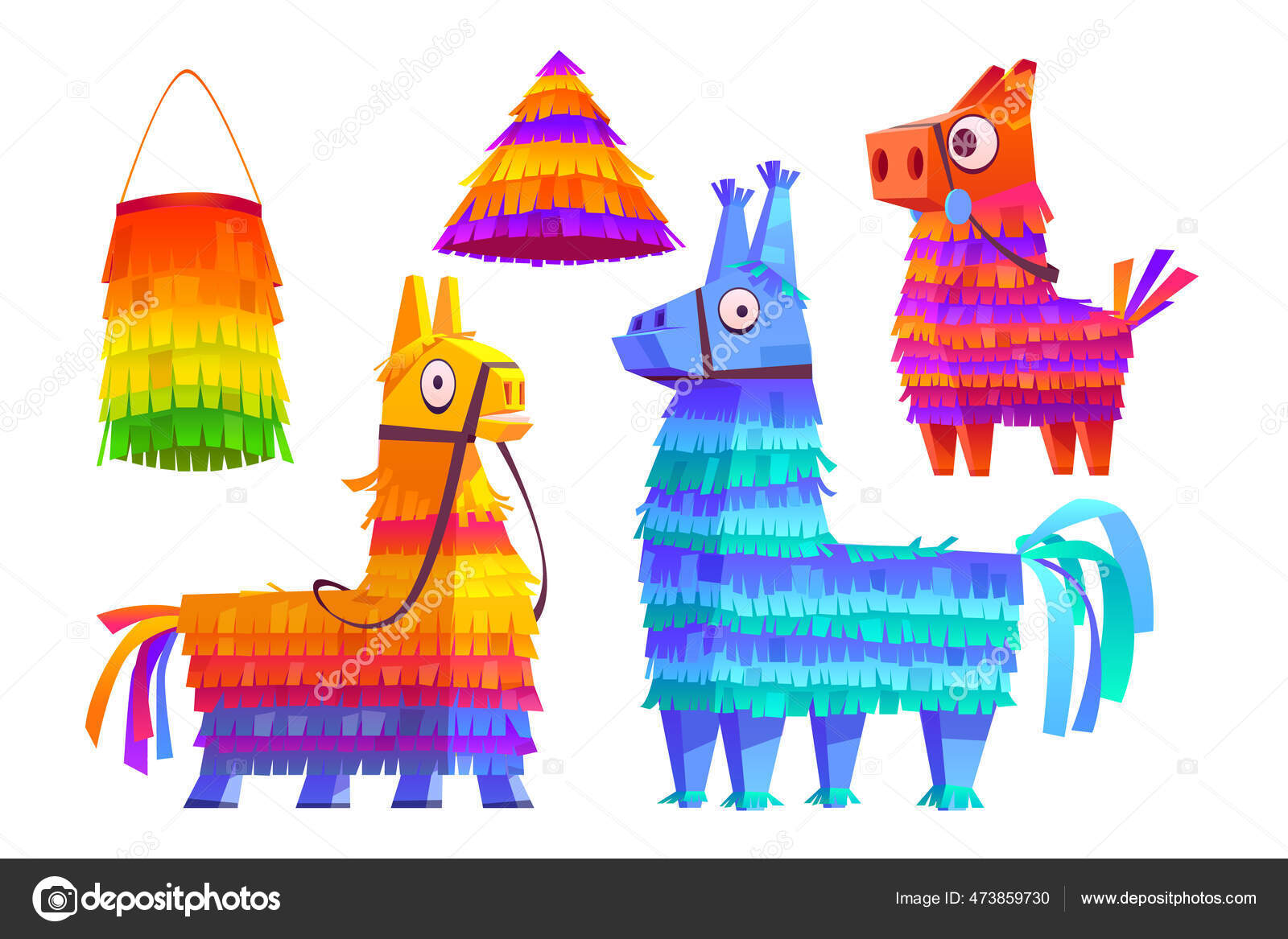 Pinatas mexicanas burro y llama, juguetes coloridos Vector de