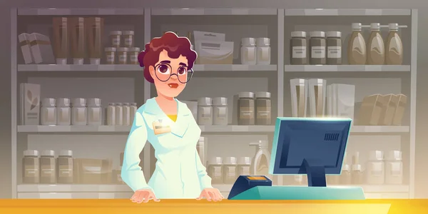 Mulher farmacêutica no balcão da farmácia na farmácia — Vetor de Stock