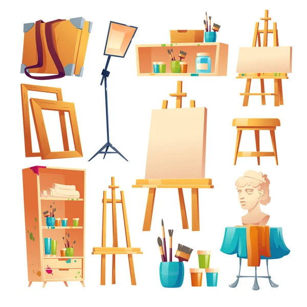 Artist studio, kunst klaslokaal spullen cartoon set — Stockvector