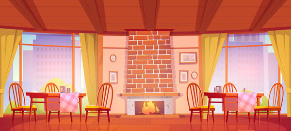 Cozy cafe or restaurant with fireplace and windows