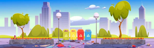 Schmutziger Stadtpark mit Mülltonnen und Abfall — Stockvektor