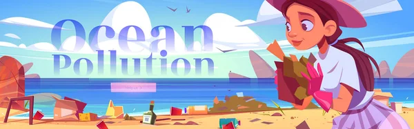 Bannière de bande dessinée de pollution de l'océan, plage de nettoyage — Image vectorielle