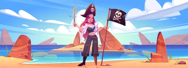 Menina pirata na praia com alegre bandeira roger, espada —  Vetores de Stock