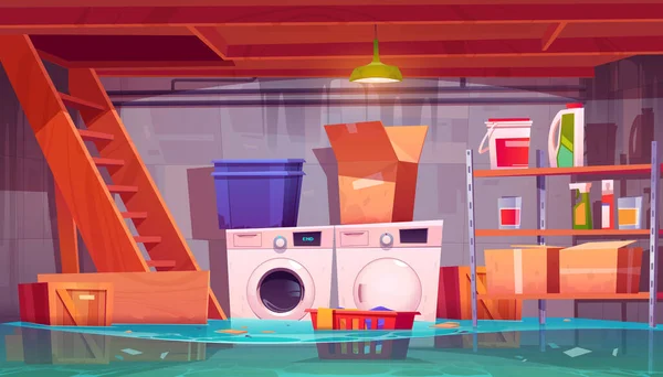 Überflutete Wäsche im Keller, Wasserleck zu Hause — Stockvektor