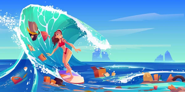 Surfer dziewczyna pływać w brudnym oceanie ze śmieciami — Wektor stockowy