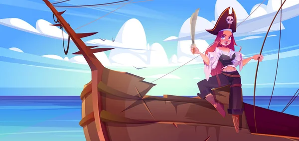 Девушка-пират с мечом на палубе — стоковый вектор
