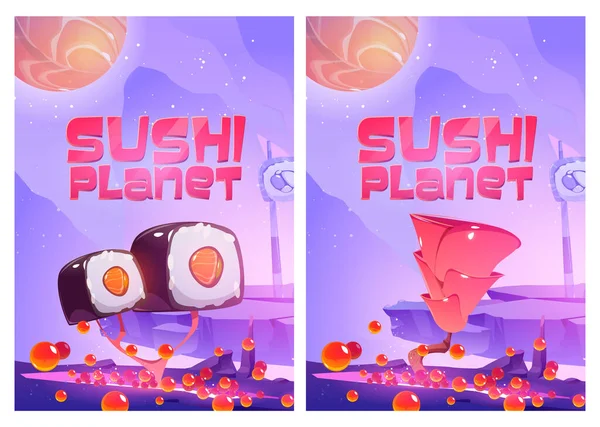 Sushi planet cartoon posters with rice rolls. — Stock Vector