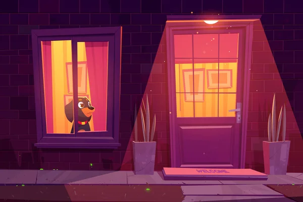Σκύλος περιμένει στο παράθυρο στο σπίτι τη νύχτα — Διανυσματικό Αρχείο