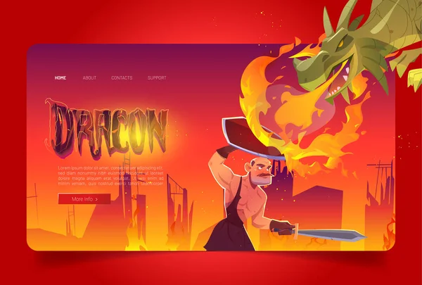 Dragon ataque caballero de dibujos animados landing page, fantasía — Archivo Imágenes Vectoriales