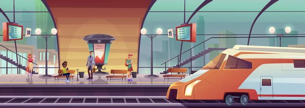 Железнодорожный вокзал с людьми, ожидающими поезд — стоковый вектор