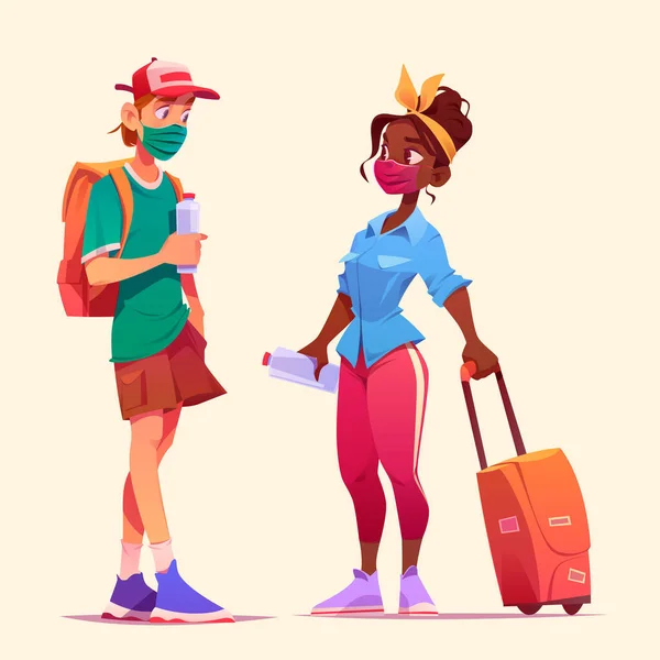 Toeristen praten, man en vrouw in maskers reizen — Stockvector