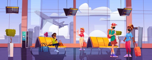 Viaggiatori in sala d'attesa aeroporto turisti in maschera — Vettoriale Stock