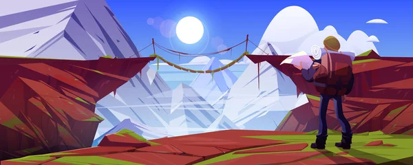 ハイカーの男と橋と山の風景 — ストックベクタ
