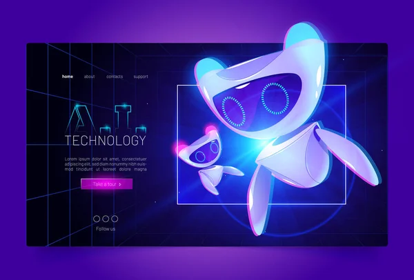 Banner web de dibujos animados de tecnología, bot artificial — Vector de stock