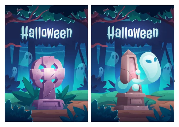 Halloween-Plakat mit Geistern auf altem Friedhof — Stockvektor