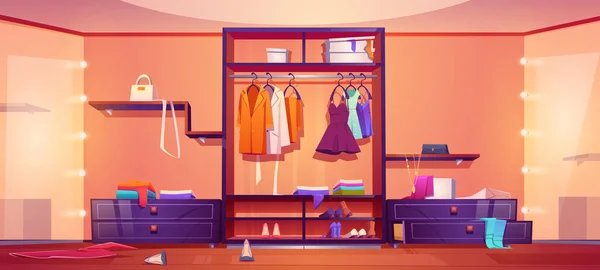 Paseo en el armario con desorden, ropa de mujer desordenada — Vector de stock