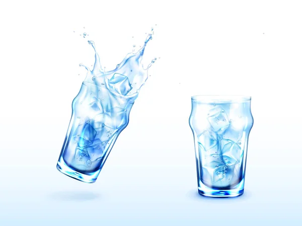 Vidro com respingo de água e cubos de gelo — Vetor de Stock