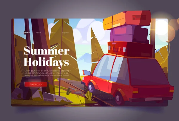 Sommerferien Cartoon Landing Page, Autofahren — Stockvektor