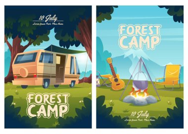 Forest camp cartoon flyers, invitation to camping clipart