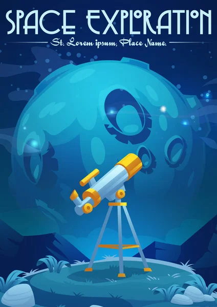 Utrymme prospektering tecknad affisch med teleskop — Stock vektor