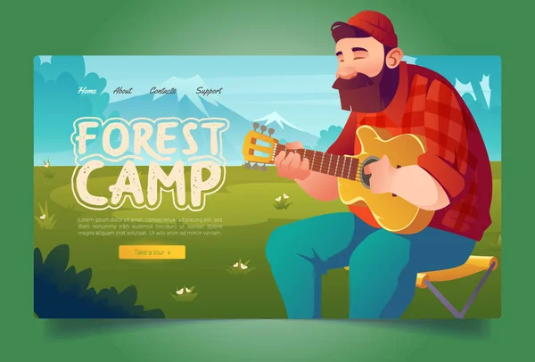 Floresta acampamento banda desenhada pouso, turista tocar guitarra — Vetor de Stock