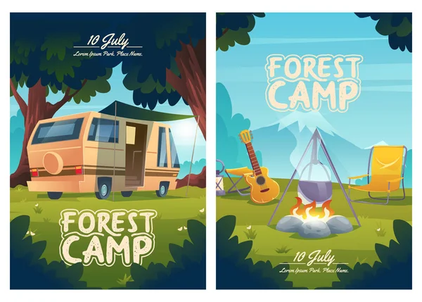 Floresta acampamento folhetos animados, convite para acampar —  Vetores de Stock