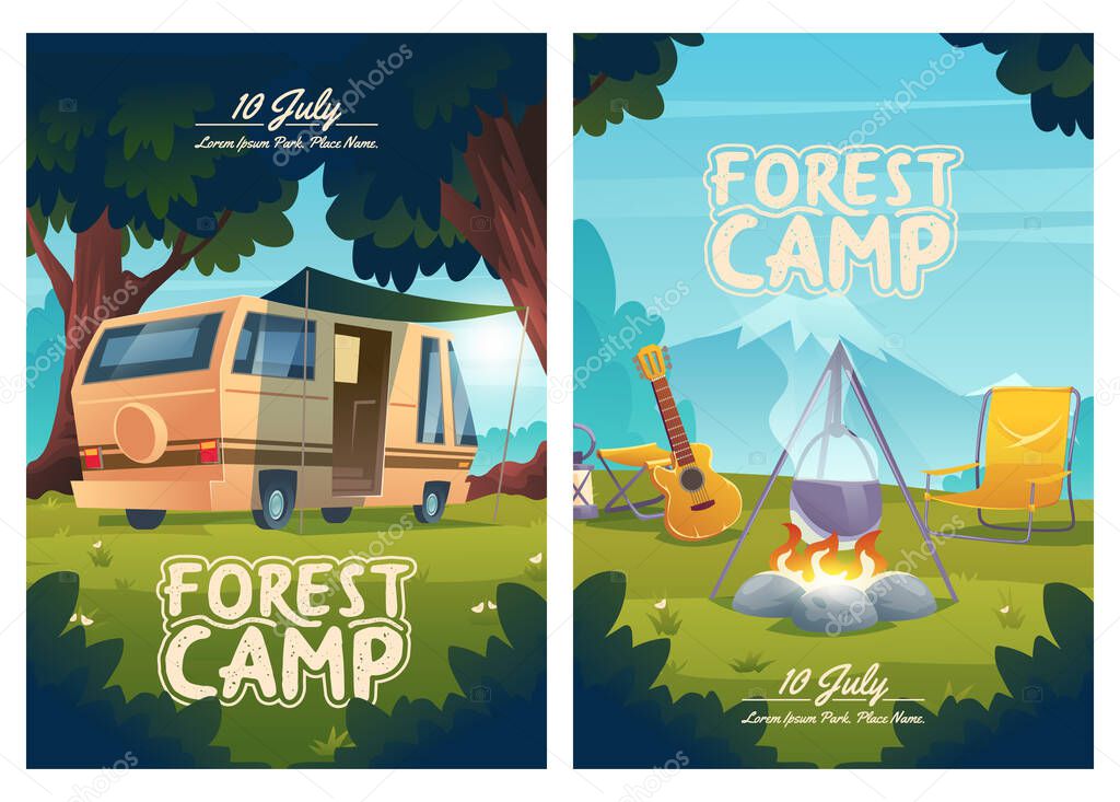 Forest camp cartoon flyers, invitation to camping