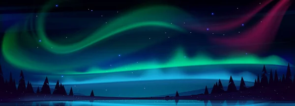 Arctic aurora borealis over night lake in sky — Stock Vector