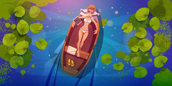 Bikinili kadın nehirde yüzen teknede dinleniyor. — Stok Vektör