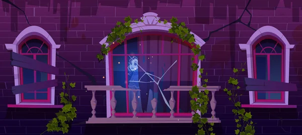 Antigua casa embrujada con mujer fantasma en ventana — Vector de stock