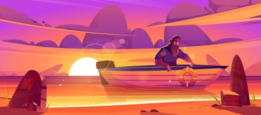 Shipwrecked sad man sit in wooden boat at sunset clipart