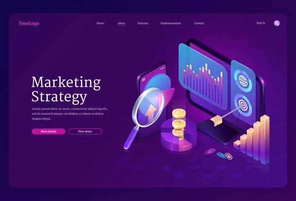 Marketingová strategie izometrická přistávací stránka, banner — Stockový vektor