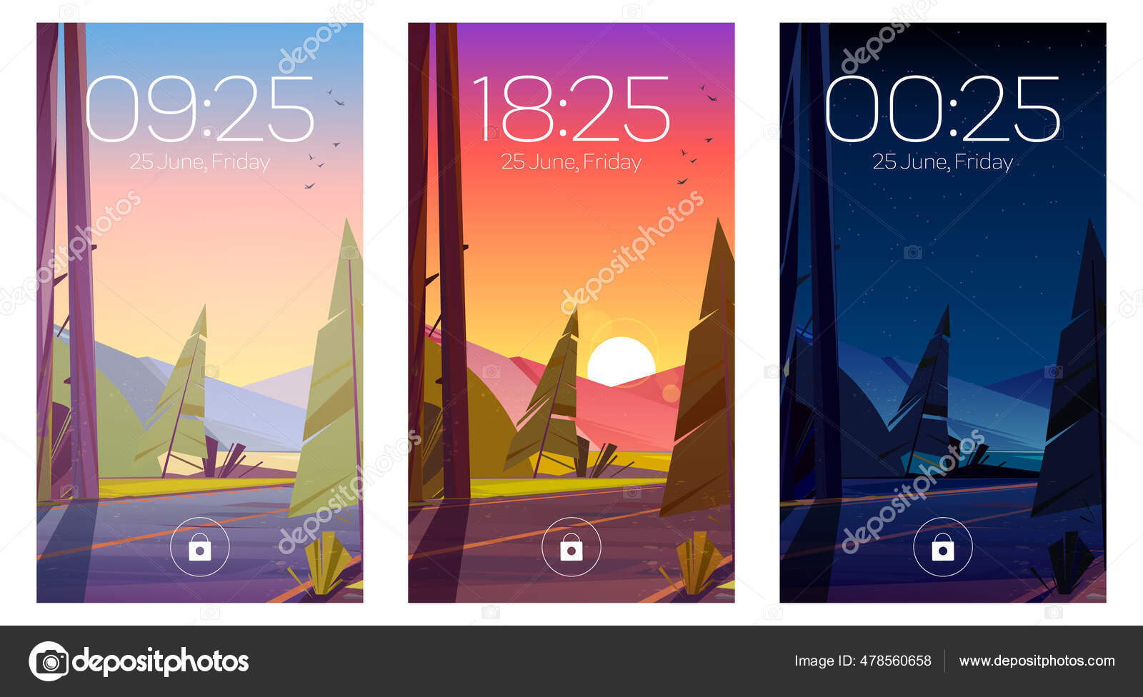 Mobile Phone Screensaver With Forest And Road Векторное.