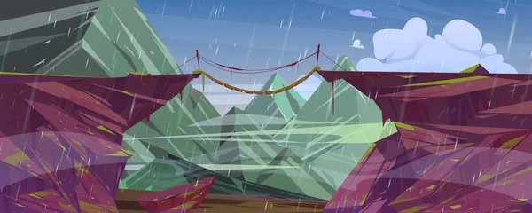 Rain in mountain landscape with suspension bridge — 스톡 벡터