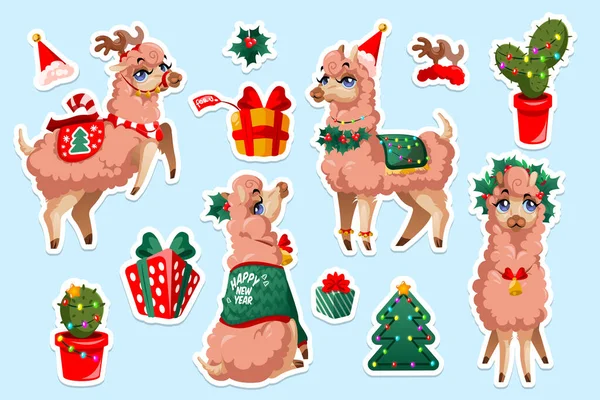 Set of stickers with New Year Llama, vicuna animal — Stockový vektor