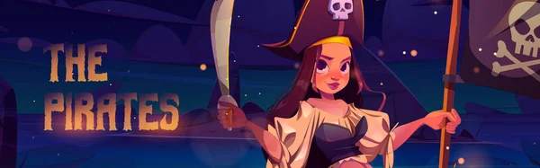 Girl pirate with sword and black flag with skull — Vector de stock