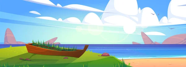 Sea beach with old boat in green grass — Stockvector