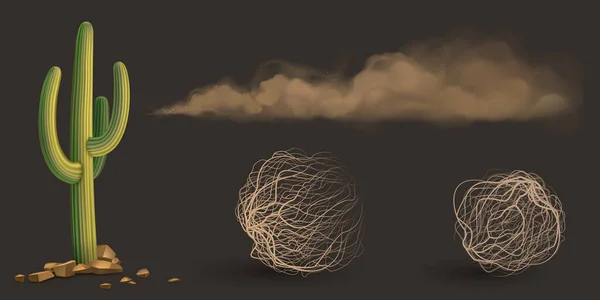 Cactus, brown dust clouds and tumbleweed — Stock Illustration Cactus, brown dust clouds and tumbleweed Royalty Free Stock Vectors