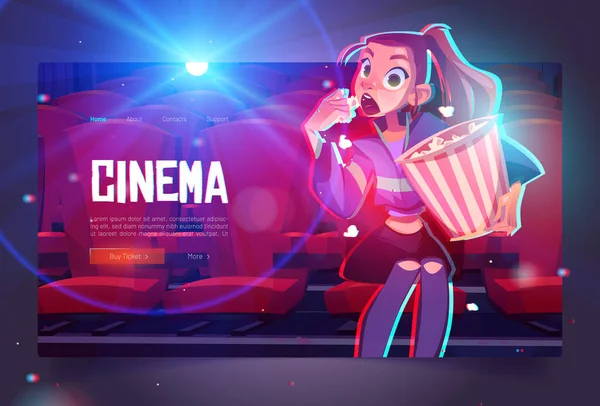 Kino karikatura web banner mladá dívka s popcorn — Stockový vektor