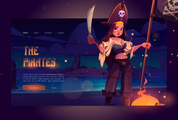 Ragazza pirata sulla spiaggia notte cartone animato landing page — Vettoriale Stock