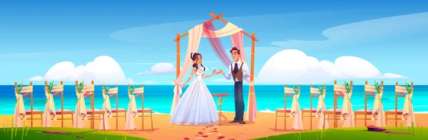 Пляжная свадебная церемония с молодоженами — стоковый вектор