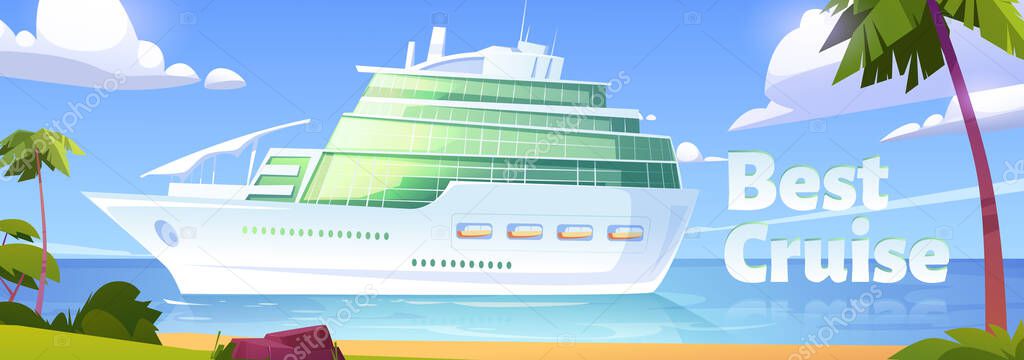 Cruise liner in ocean, modern white ship, sailboat