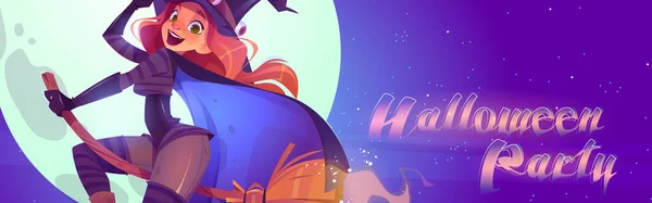 Banner de dibujos animados de fiesta de Halloween, hermosa bruja — Vector de stock