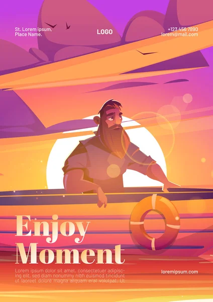 Enjoy moment poster with man in boat at sunset — Stock Vector