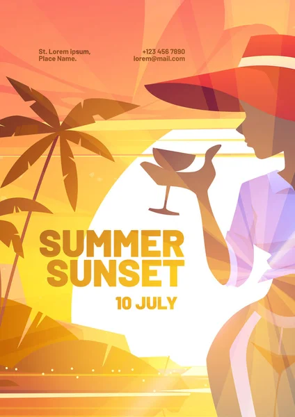 Poster zum Sonnenuntergang im Sommer mit Silhouette einer Frau — Stockvektor