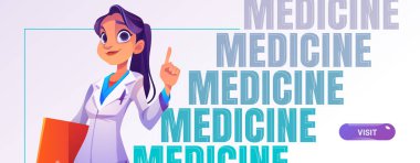 Üzerinde doktor cüppesi olan tıp çizgi filmi web afişi